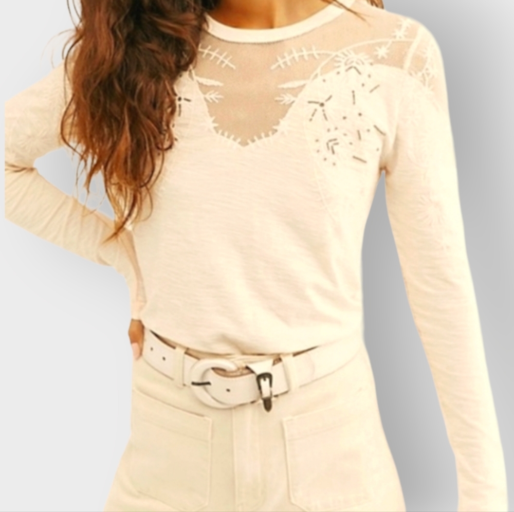 Free People Women's Beaded Mesh Long Sleeve Tee Light Pink - XS